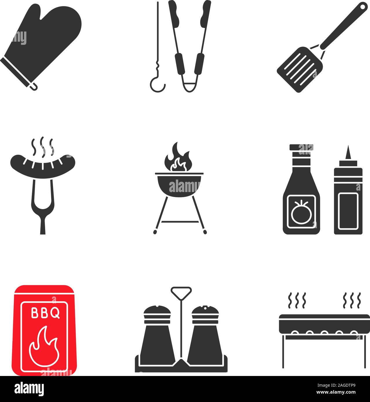 Barbecue glyph icons set. BBQ. Oven mitt, skewer and tongs, spatula, grilled  sausage, grill, ketchup and mustard, coal, salt and pepper shakers. Silho  Stock Vector Image & Art - Alamy