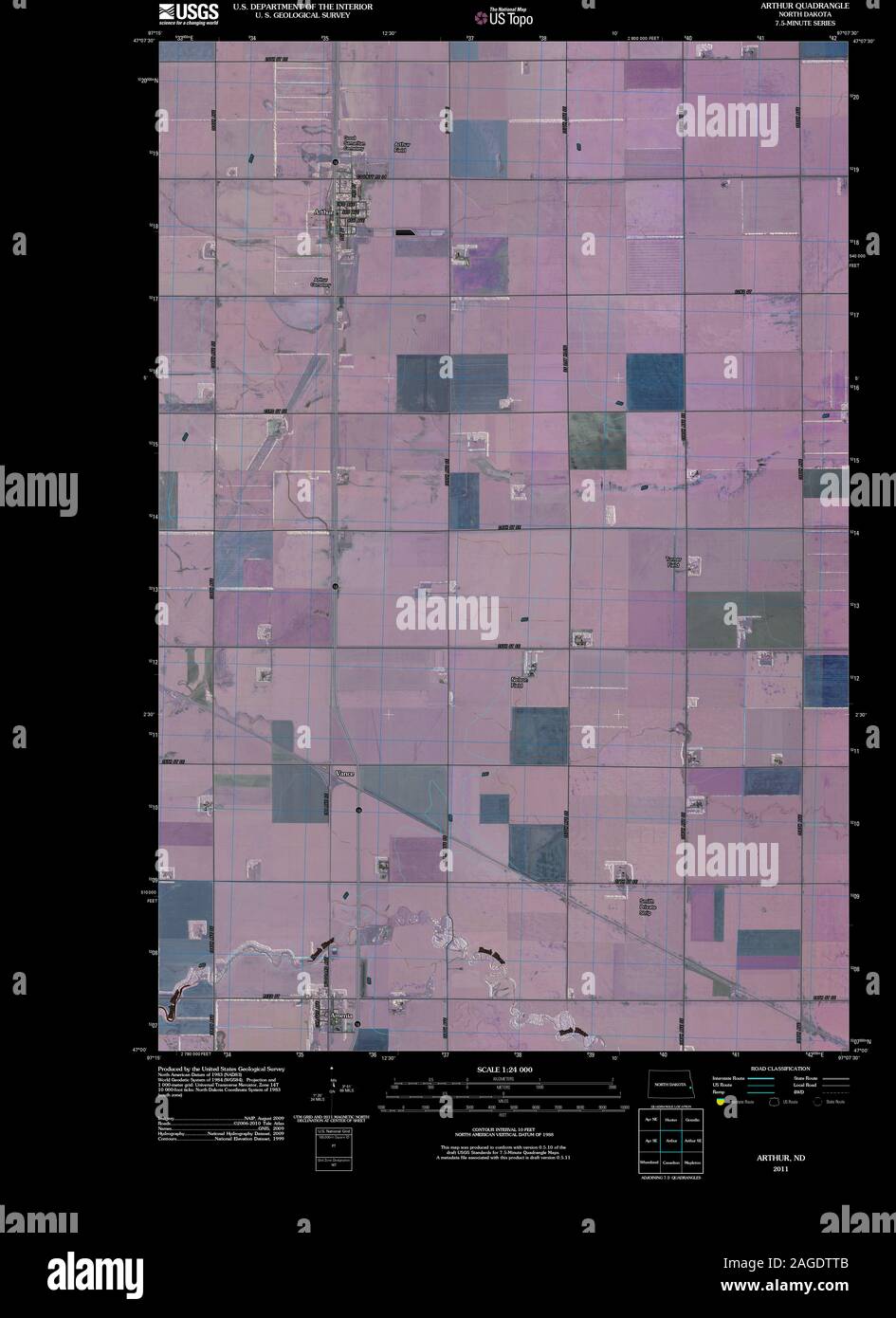 USGS TOPO Map North Dakota ND Arthur 20110413 TM Inverted Restoration Stock Photo