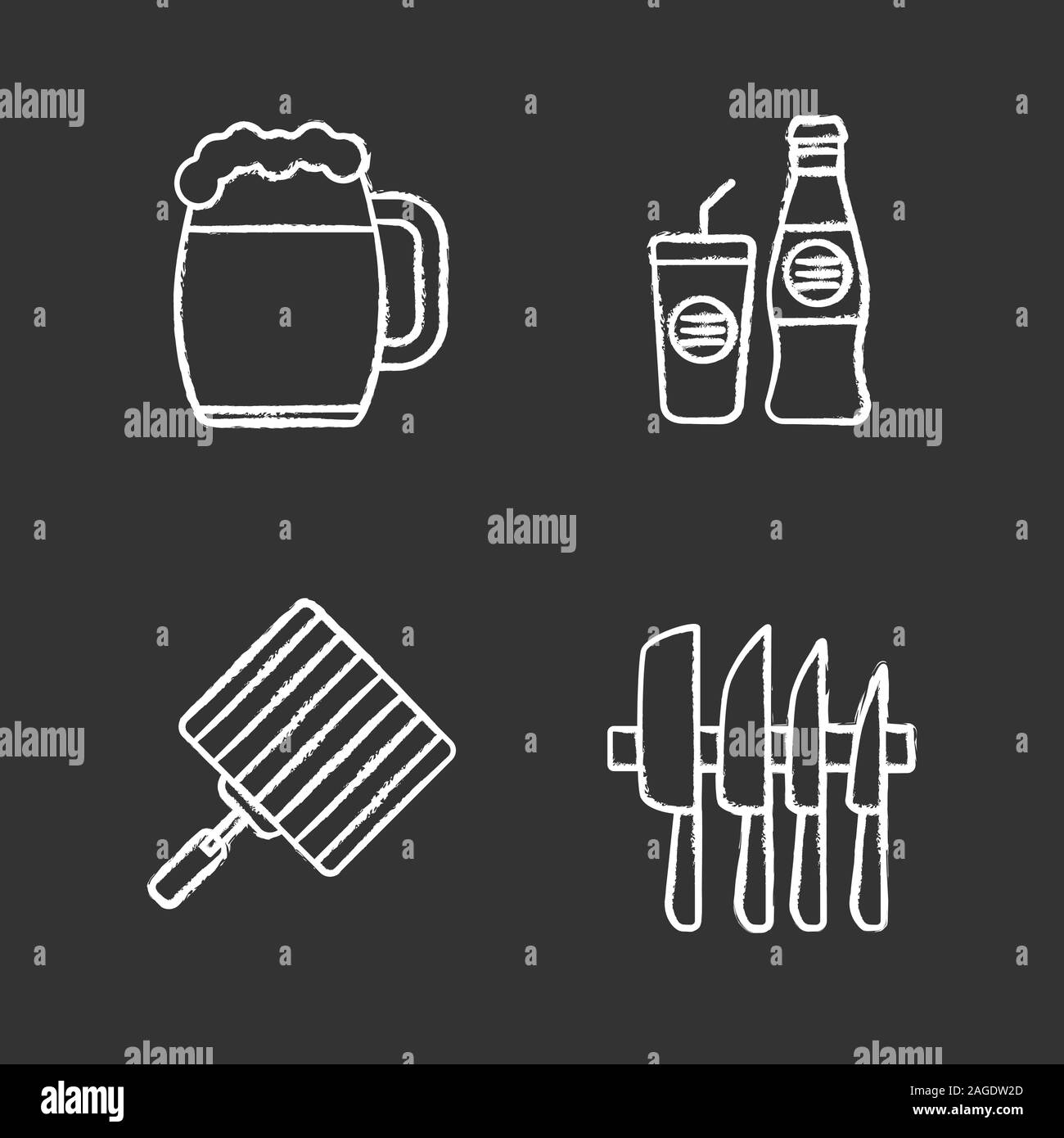 Barbecue chalk icons set. BBQ. Beer mug, cold drink, hand grill, knives set. Isolated vector