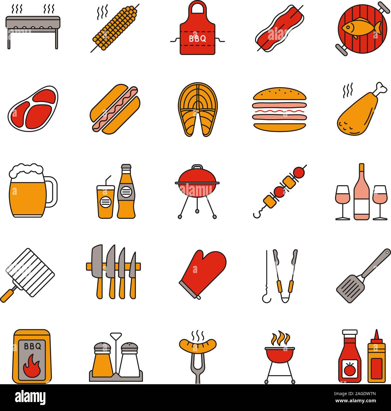 Barbecue color icons set. BBQ. Barbeque grills, food, drinks, kitchen