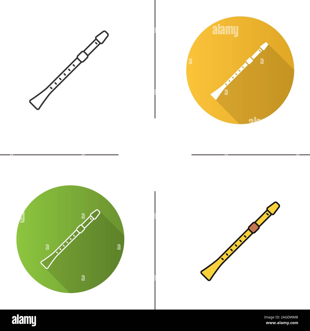 Flute icon. Flat design, linear and color styles. Clarinet. Isolated vector illustrations Stock Vector