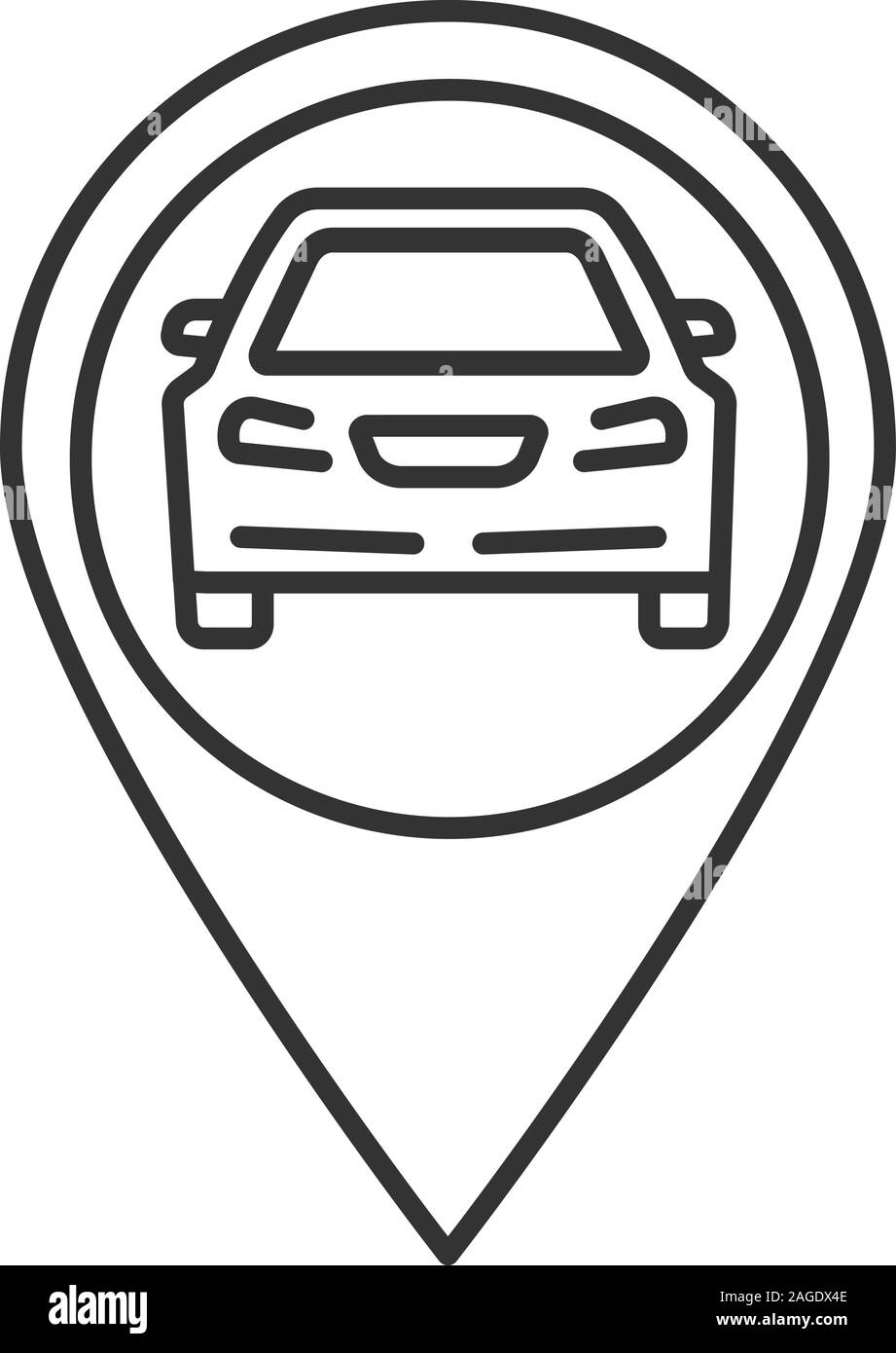 Map pinpoint with car inside linear icon. Thin line illustration. Auto