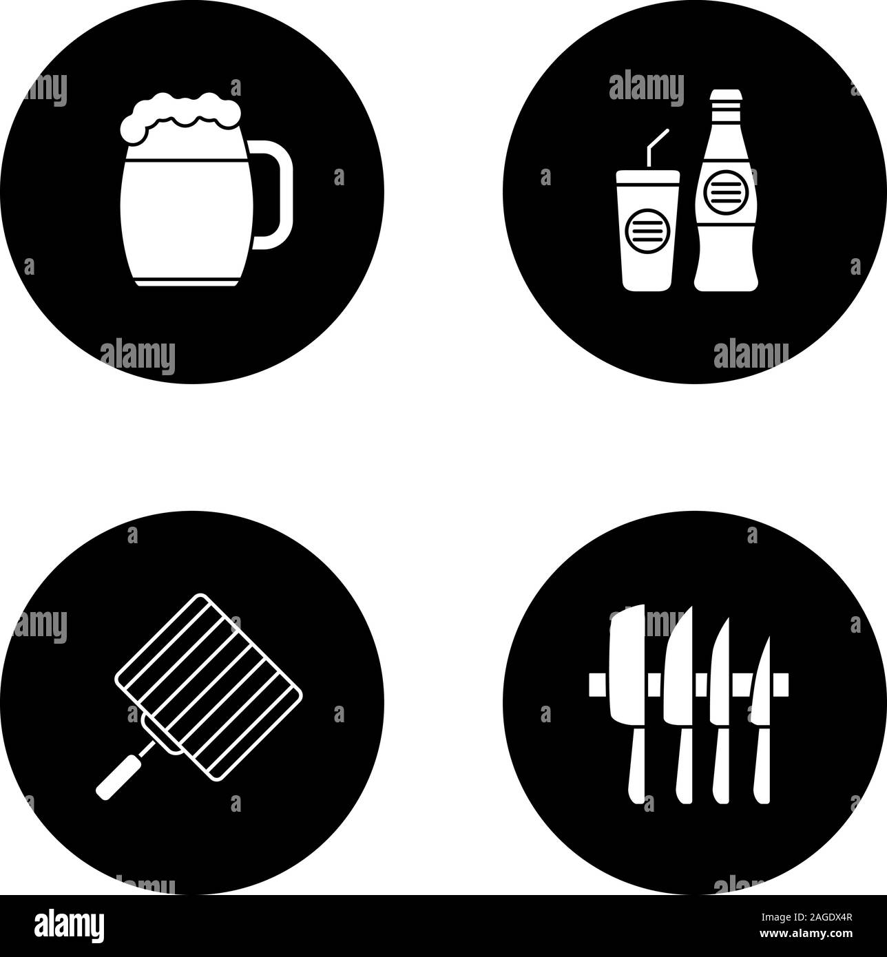 Barbecue glyph icons set. BBQ. Beer mug, cold drink, hand grill, knives set. Vector white