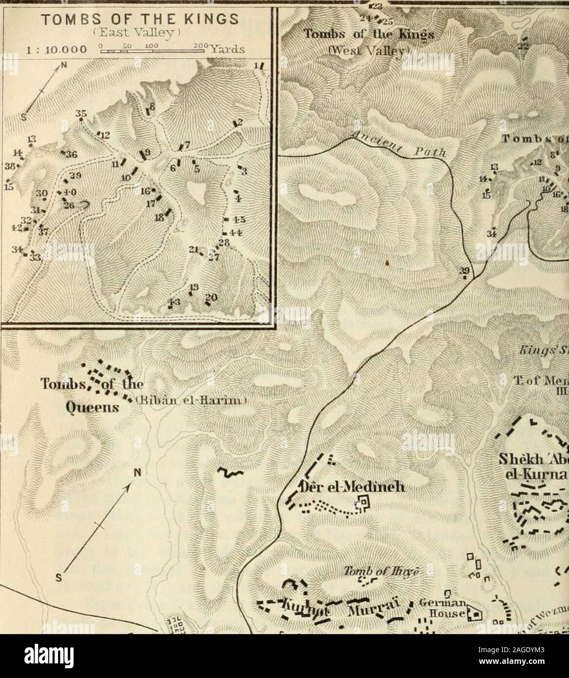 . Egypt and the Sûdân; handbook for travellers. e of this road is a Chapel of Osiris-Plah (closed), with well-preserved painted reliefs; the chapel wasbuilt by the Ethiopian Kings Tanutamun and Taharka (25th Dyn.).From the gate we proceed amidst figures of recumbent rams,sphinxes, and fragments of statues to the — Temple of Mut, built by Amenophis III. A Gateteay (PI. A) admits us to a large Court, in the middle of whichwas a colonnade. Outside the gateway are pillars with figures of the godBes. On the gateway are lengthy inscriptions of the Ptolemaic period(hymns to Mut) and an inscription of Stock Photo