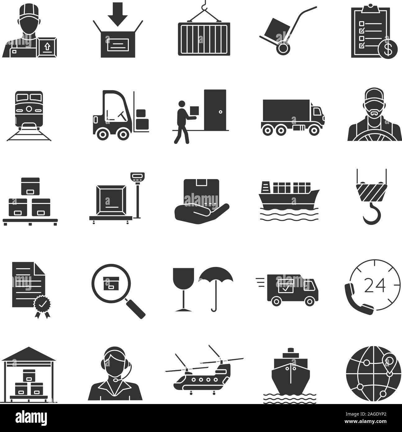 Cargo shipping glyph icons set. Silhouette symbols. Delivery service. Land, air and water transportation. Vector isolated illustration Stock Vector