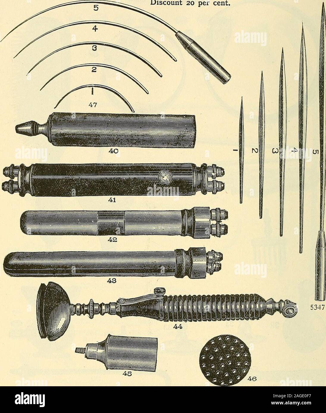 . Catalogue of Sharp & Smith : importers, manufacturers, wholesale and retail dealers in surgical instruments, deformity apparatus, artificial limbs, artificial eyes, elastic stockings, trusses, crutches, supporters, galvanic and faradic batteries, etc., surgeons' appliances of every description. FIG.^=5330^5331^5332 5333;3345335^5336*5337^5.^.38^5339 37 (cuts 29 and 30) Neck and Arm Electrode f| 2 00 (cut 31) Ear Electrode , 2 75 (cut 32) Ball Electrode 75 (cut 33) Disk Electrodes, three sizes each, 50 (cut 34) Eye Cup Electrode, new style 2 00 (cut 35) Hair Brush Electrode 2 50 (cut 36) Meta Stock Photo