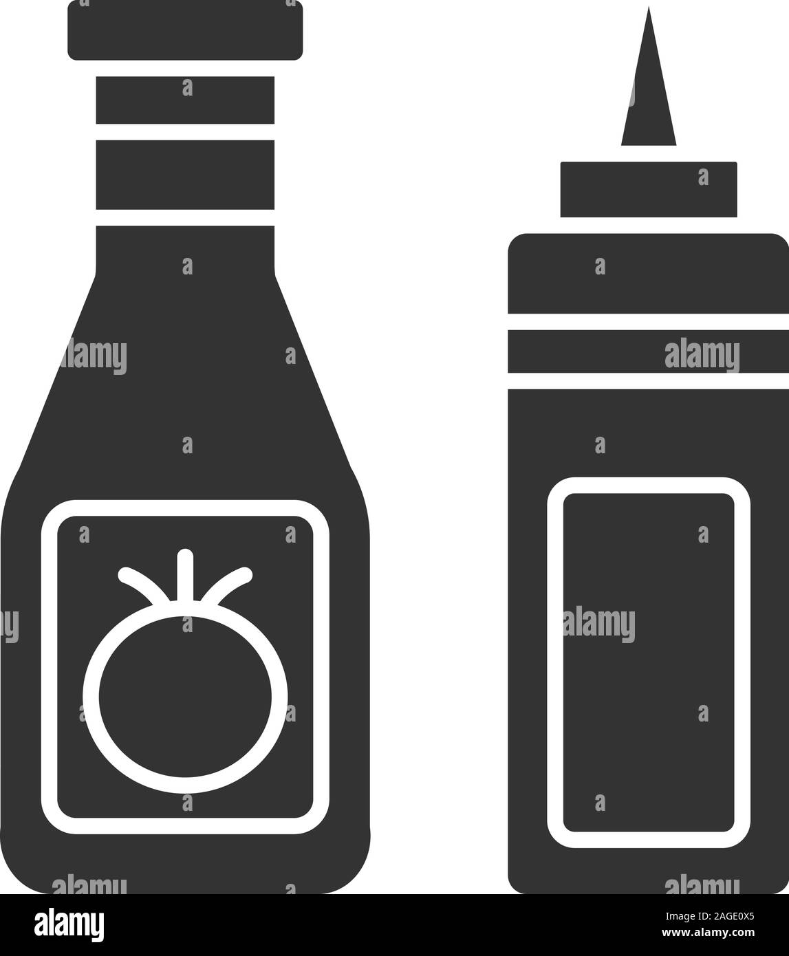 Ketchup and mustard glyph icon. Silhouette symbol. Condiment bottles
