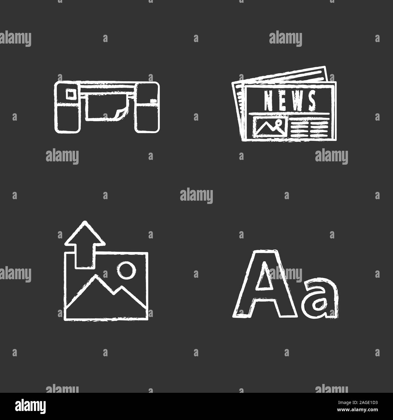 Printing chalk icons set. Polygraphy and typography. Large format printer, newspaper, image uploading, font. Isolated vector chalkboard illustrations Stock Vector