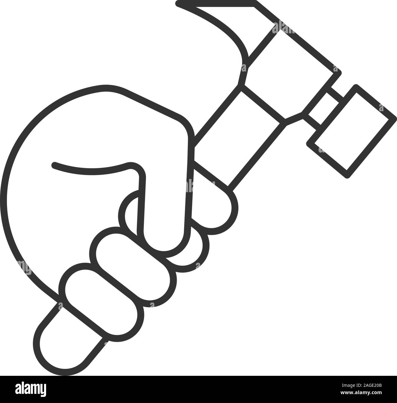 Hand holding hammer linear icon. Thin line illustration. Repairman, carpenter. Contour symbol