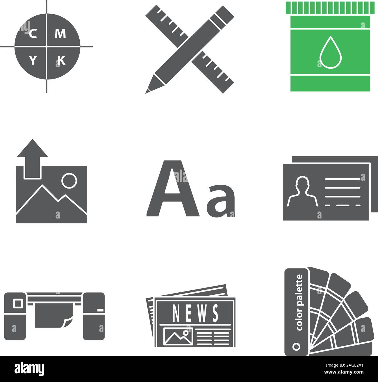 Printing glyph icons set. Cmyk color model, pencil and ruler, cartridge