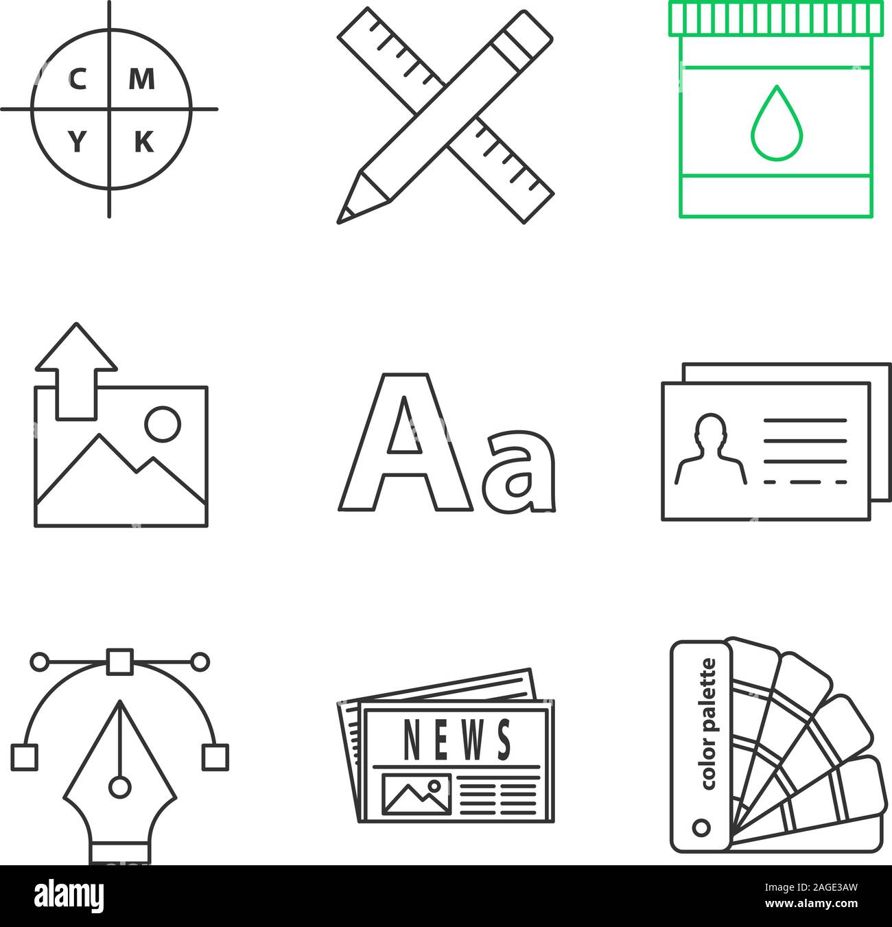 Printing linear icons set. Cmyk model, pencil and ruler, ink, image