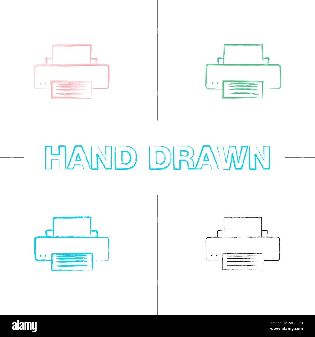 Printer hand drawn icons set. Color brush stroke. Isolated vector ...