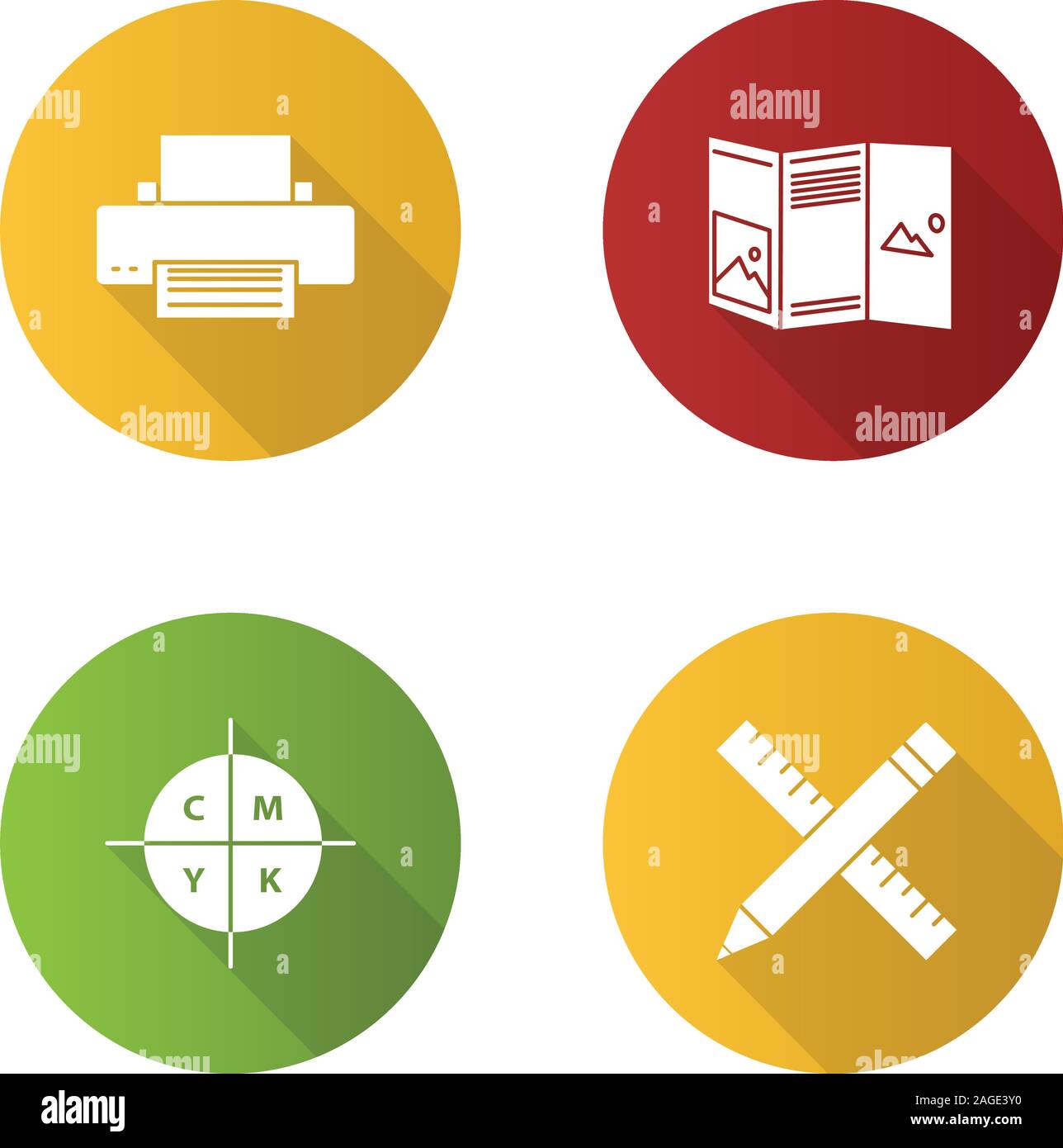 Printing flat design long shadow glyph icons set. Printer, folded ...
