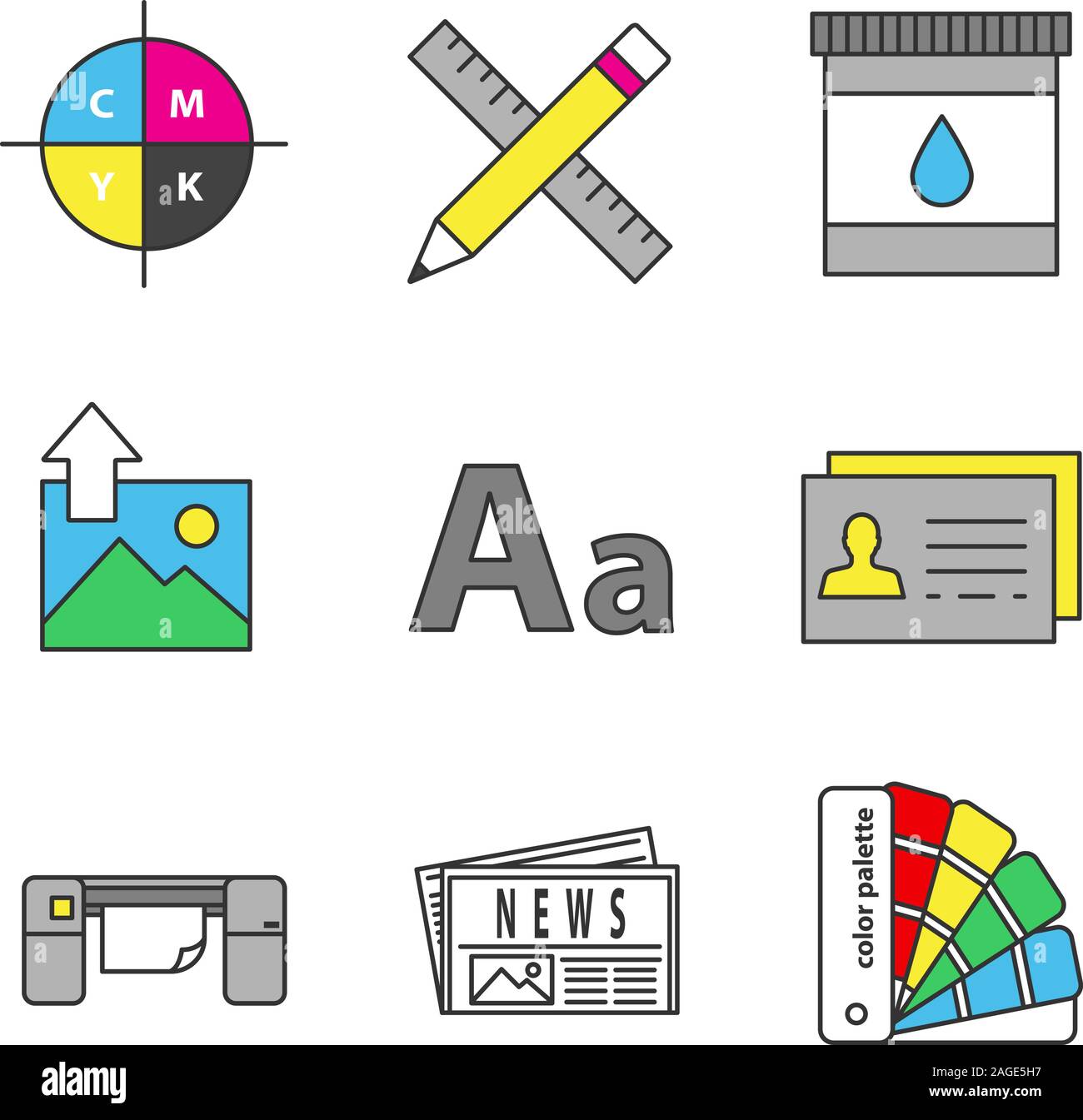 Printing color icons set. Cmyk color model, pencil and ruler, cartridge