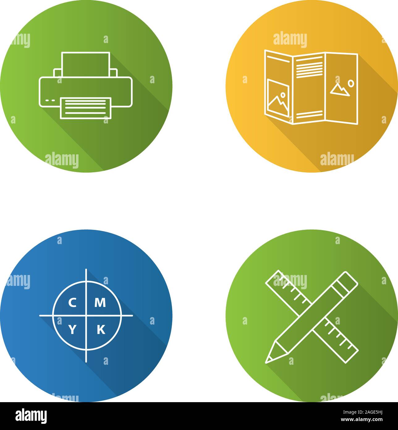 Printing flat linear long shadow icons set. Printer, folded brochure ...