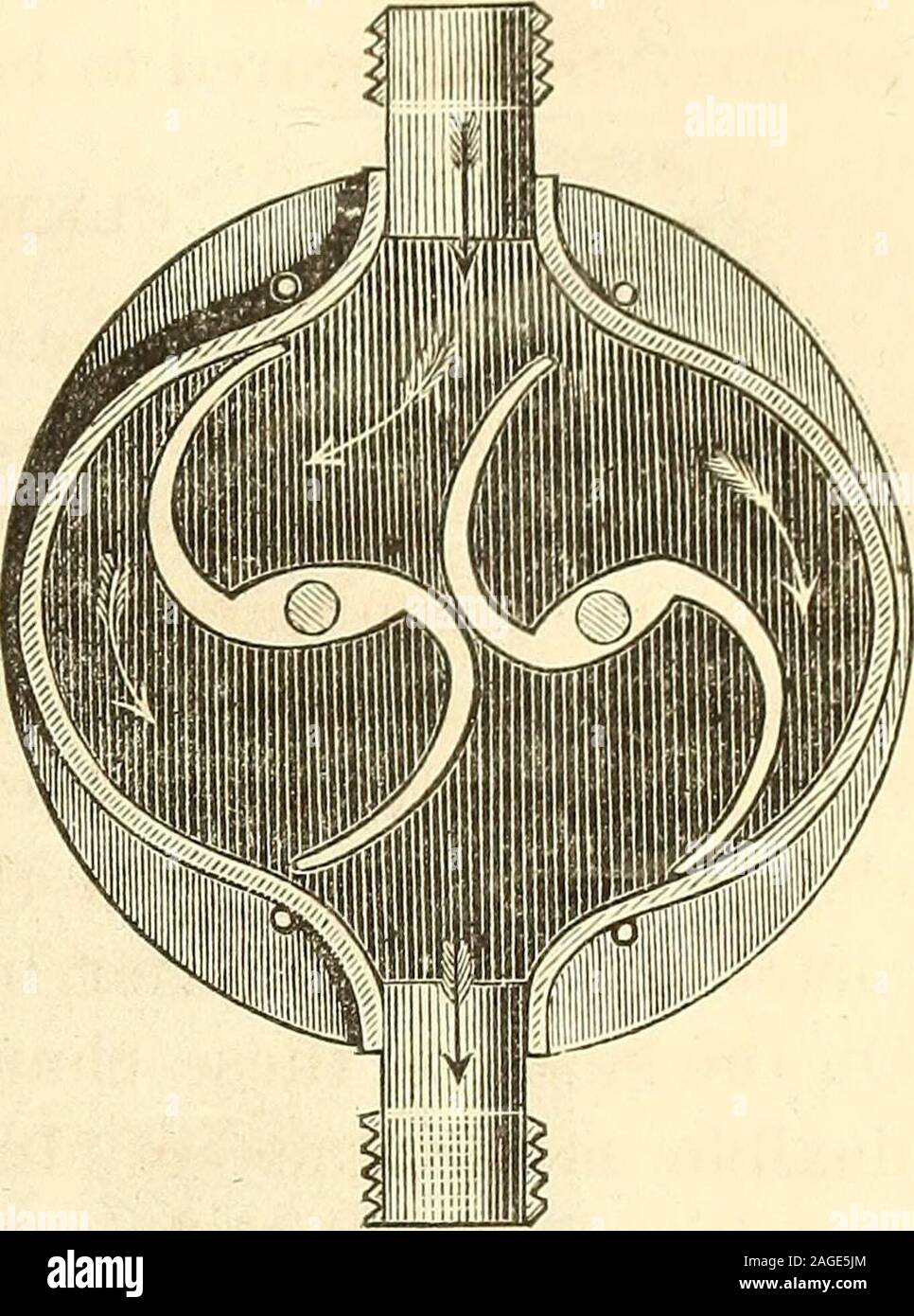 . Machinery and processes of the industrial arts, and apparatus of the exact sciences. hollow of theother. This is what happens periodically in the Behrens engine, asheretofore described. The ends of the two Fig. 71. letter S rotaries which are not engaged witheach other, are at the same time in contactwith the outer wall of the enclosing box.It follows, from these statements, that thereare extended junctures made by simple con-tact, on the tightness of which depends theprevention of the percolation of waterthrough the instrument without being mea-sured. And these joints cannot be packedwithou Stock Photo