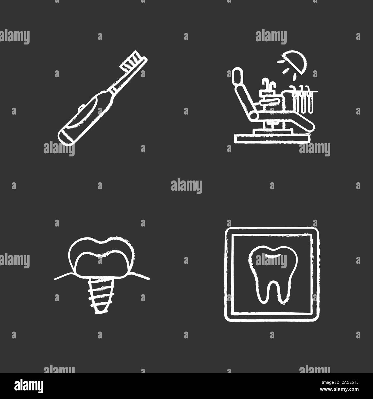 Dentistry chalk icons set. Stomatology. Electric toothbrush, teeth X-ray, stomatological implant, dental chair. Isolated vector chalkboard illustratio Stock Vector