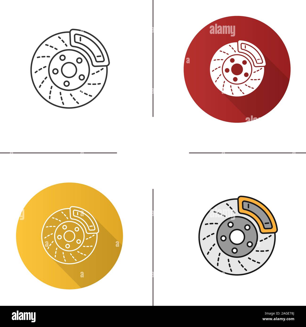 Disc brake with caliper icon. Flat design, linear and color styles