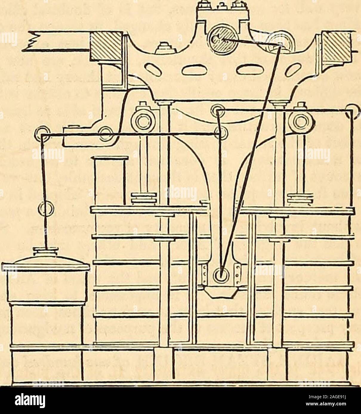 . Appleton's dictionary of machines, mechanics, engine-work, and engineering. BCD, called (from its form) the T-plate; the lower end C of the T-plate is attached to the connecting-rod C E, which again being connected with the crank E F communicates with the paddle-shaft F. Thecondenser G is underneath the cylinders. It is clear that if steam be admitted below both pistons at thesame time, the pistons, in rising, will force up the T-plate, and with it the connecting-rod, &lt;fec.; and conversely these will again descend as the2732 piston is forced down. Hence the workingpart of the engine can b Stock Photo