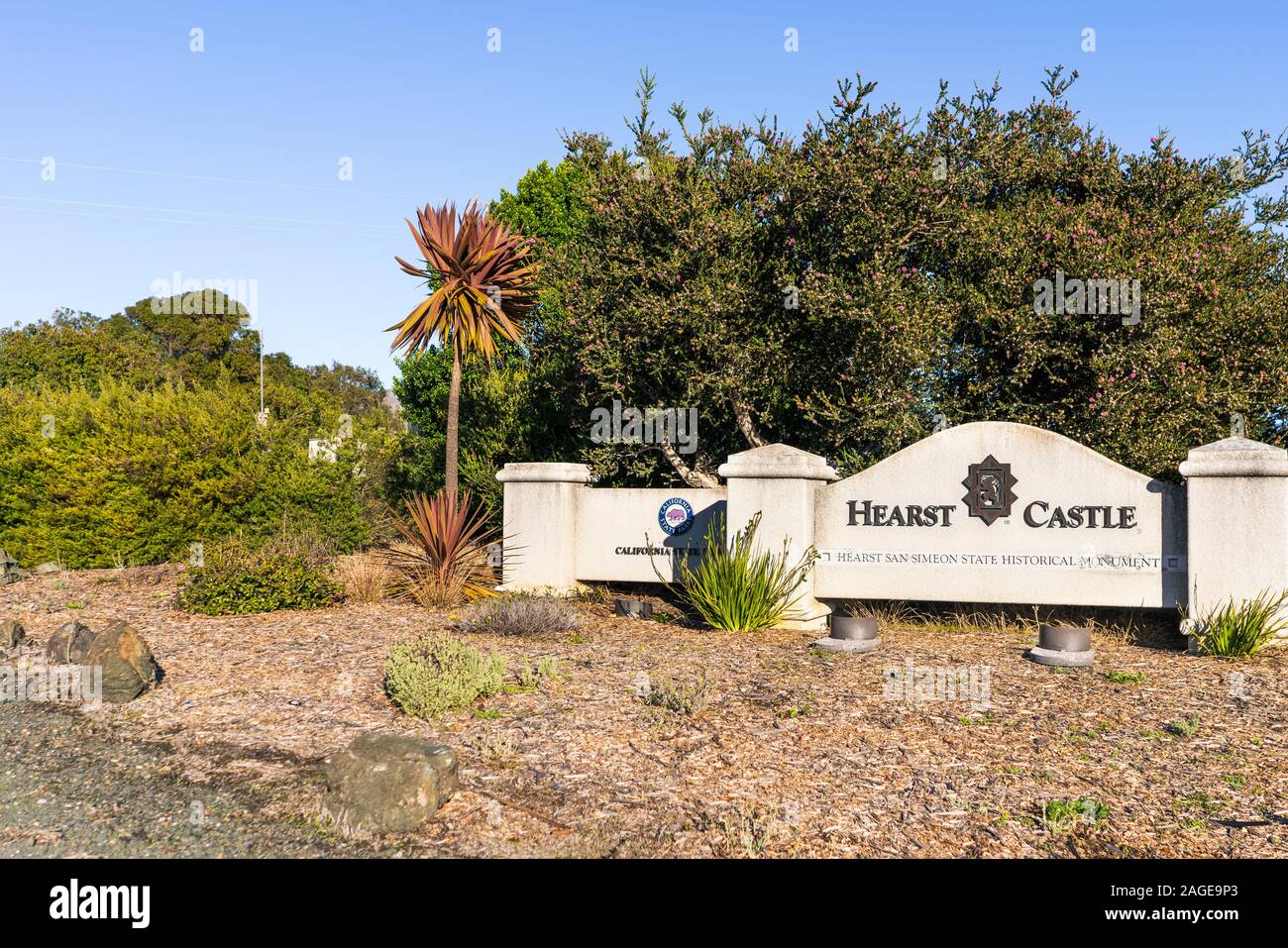 Dec 9, 2019 San Simeon / CA / USA - Entrance to Hearst Castle, a Hearst San Simeon Historical State Monument, administered by California State Parks o Stock Photo