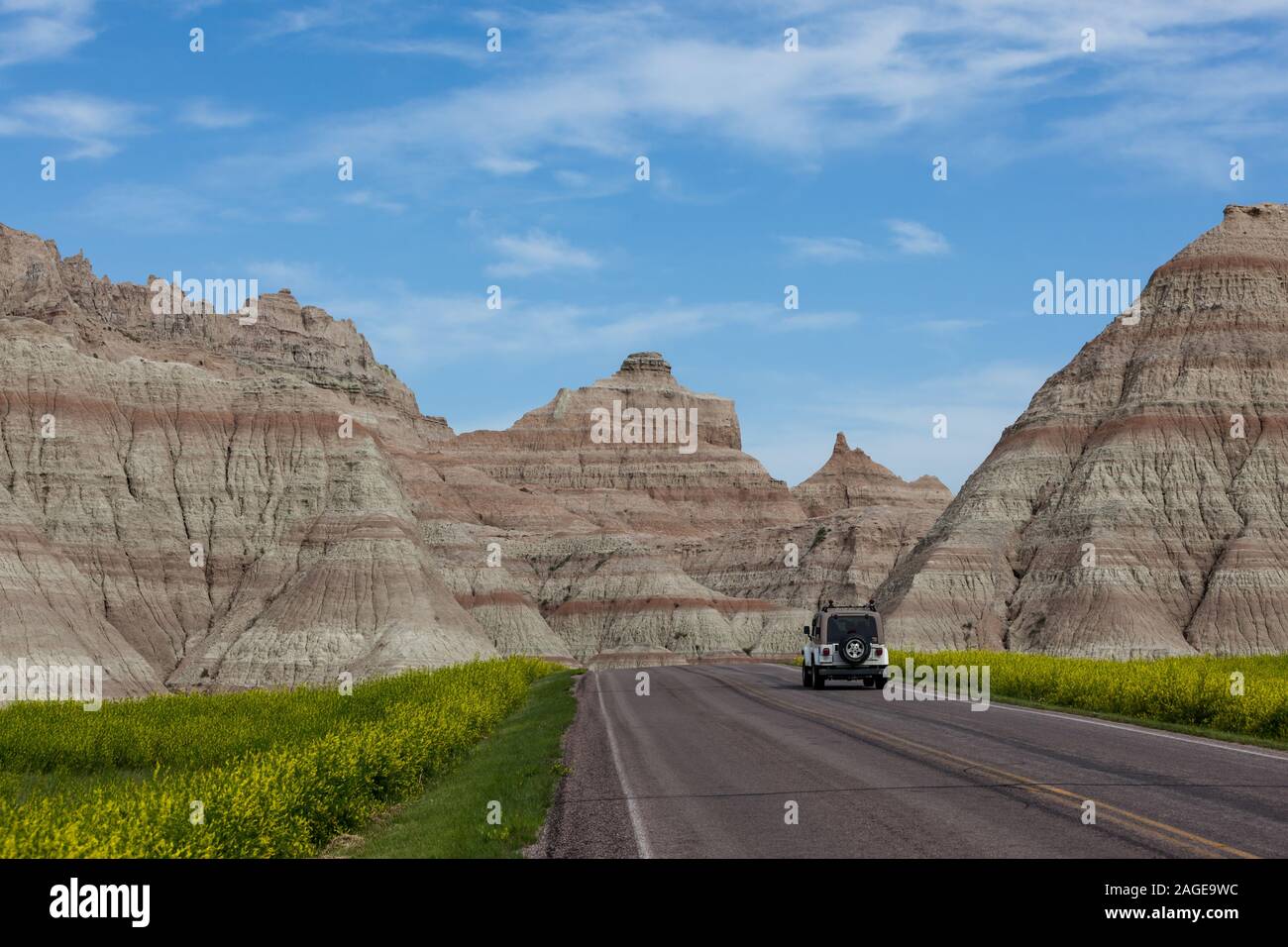 BADLANDS NATIONAL PARK, SOUTH DAKOTA June16, 2014 A white Jeep