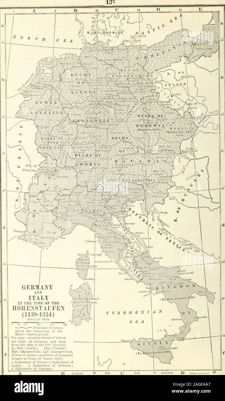 . Atlas of European history. ^ a lUU 160 201 Principal divisionsabout the beginning of theHobenstaufen period.For supplementary names of places,see maps on Germany and Italyfrom the 10th to the ISth Centurj.D„ Dhy.= Duchy; Cty.=Couuty;31^. »MaTgraviatfe; Lgt.=Landg-i-n, viate.Towns in italics = members of LombardLeague at Peace of Yenice (1177).I Judicature of Torres; 2 Judicature ofGaillur; 3 Judieatme ot Arborea ;i Judicature of Cagliari. Stock Photo