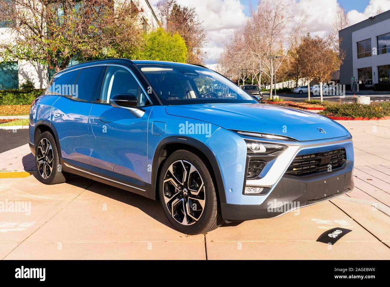 Dec 14, 2019 San Jose / CA / USA - NIO ES8 electric SUV displayed in front of NIO headquarters; NIO is a Chinese automobile manufacturer specializing Stock Photo