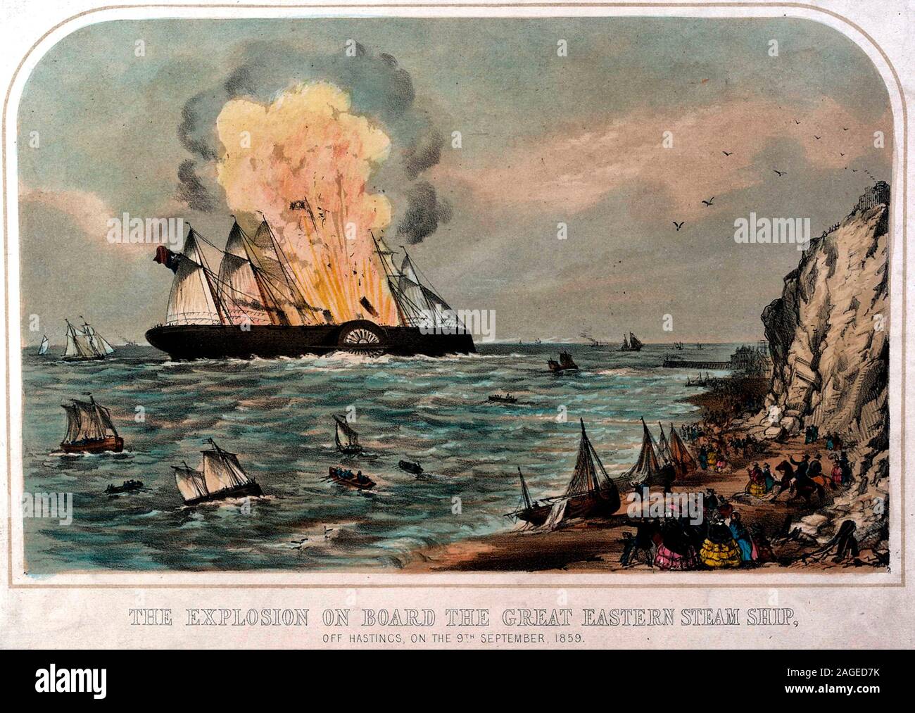 The Explosion on board the Great Eastern Steam Ship, off Hastings, on the 9th September, 1859. The 'Great Eastern' left the Thames on 7 September 1859. Two days later, when she was passing the south coast, a terrific explosion occurred, caused by an absence of safety valves for the paddle engine boilers. Six firemen were killed and the grand saloon and several cabins were wrecked. However, it is a testament to the solidity of the ship's construction that it survived the blast. Stock Photo