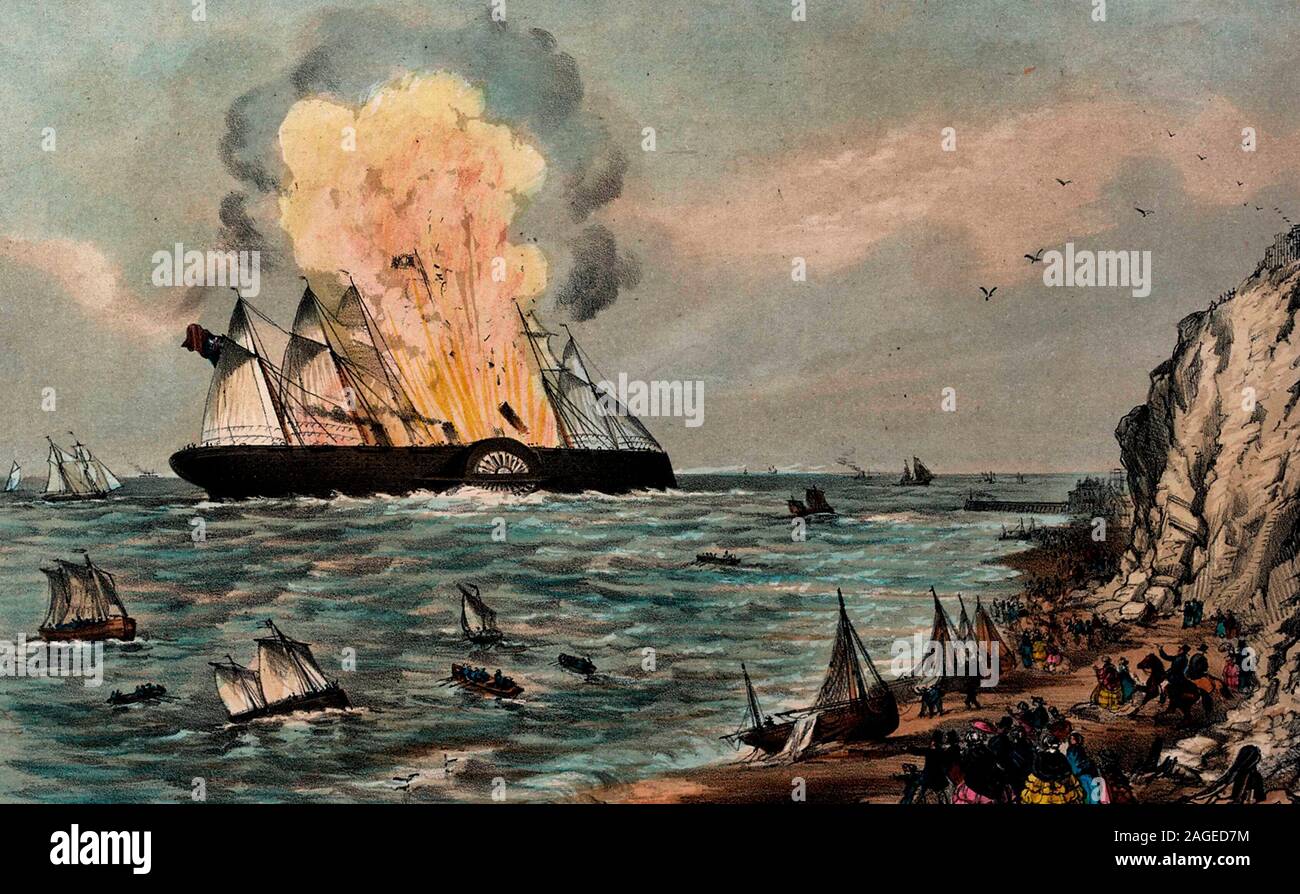 The Explosion on board the Great Eastern Steam Ship, off Hastings, on the 9th September, 1859. The 'Great Eastern' left the Thames on 7 September 1859. Two days later, when she was passing the south coast, a terrific explosion occurred, caused by an absence of safety valves for the paddle engine boilers. Six firemen were killed and the grand saloon and several cabins were wrecked. However, it is a testament to the solidity of the ship's construction that it survived the blast. Stock Photo