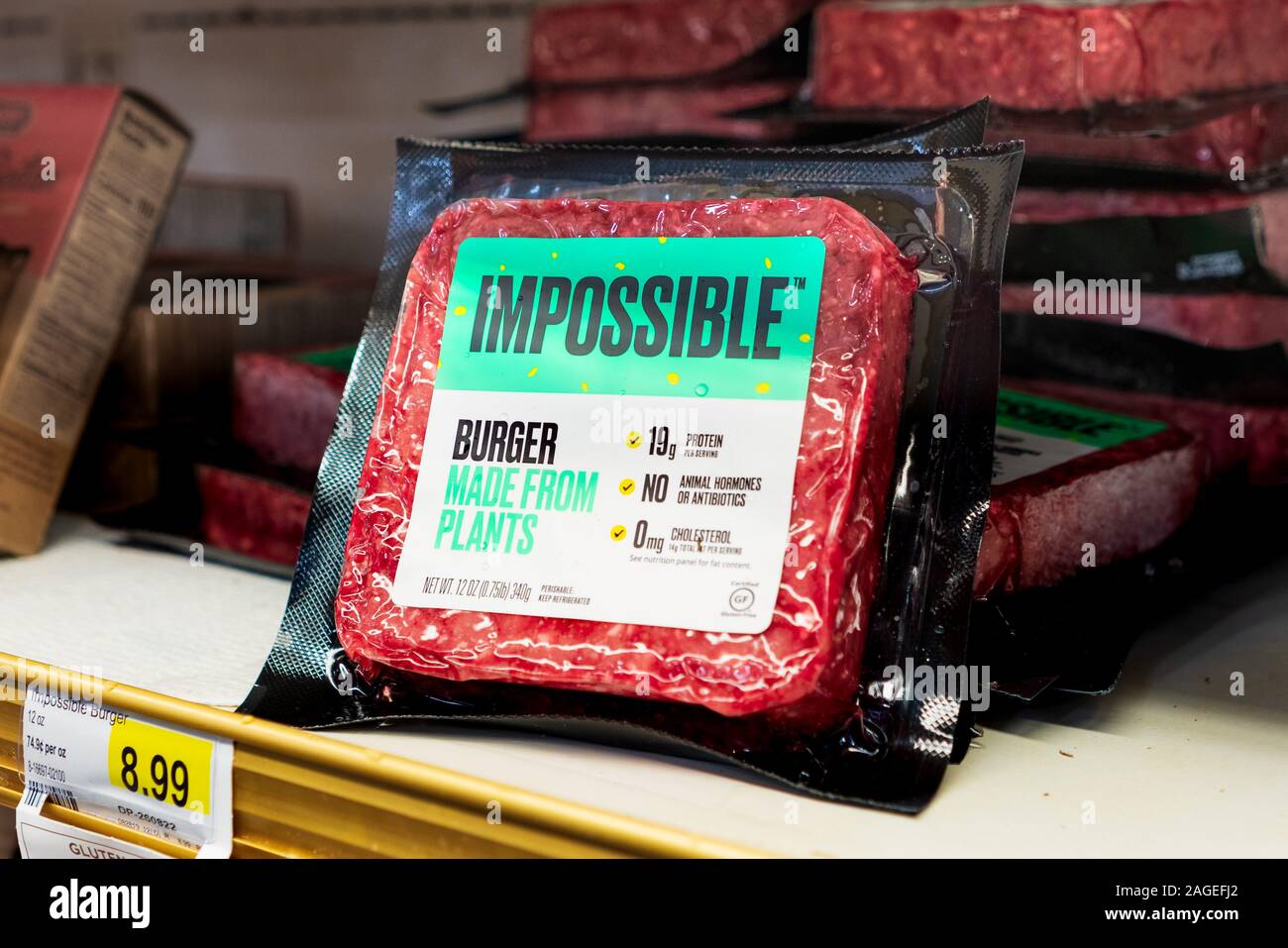 Dec 8, 2019 Los Angeles / CA / USA - Impossible Burger packages available for purchase in a Gelson's Markets store; the Impossible Burger is produced Stock Photo