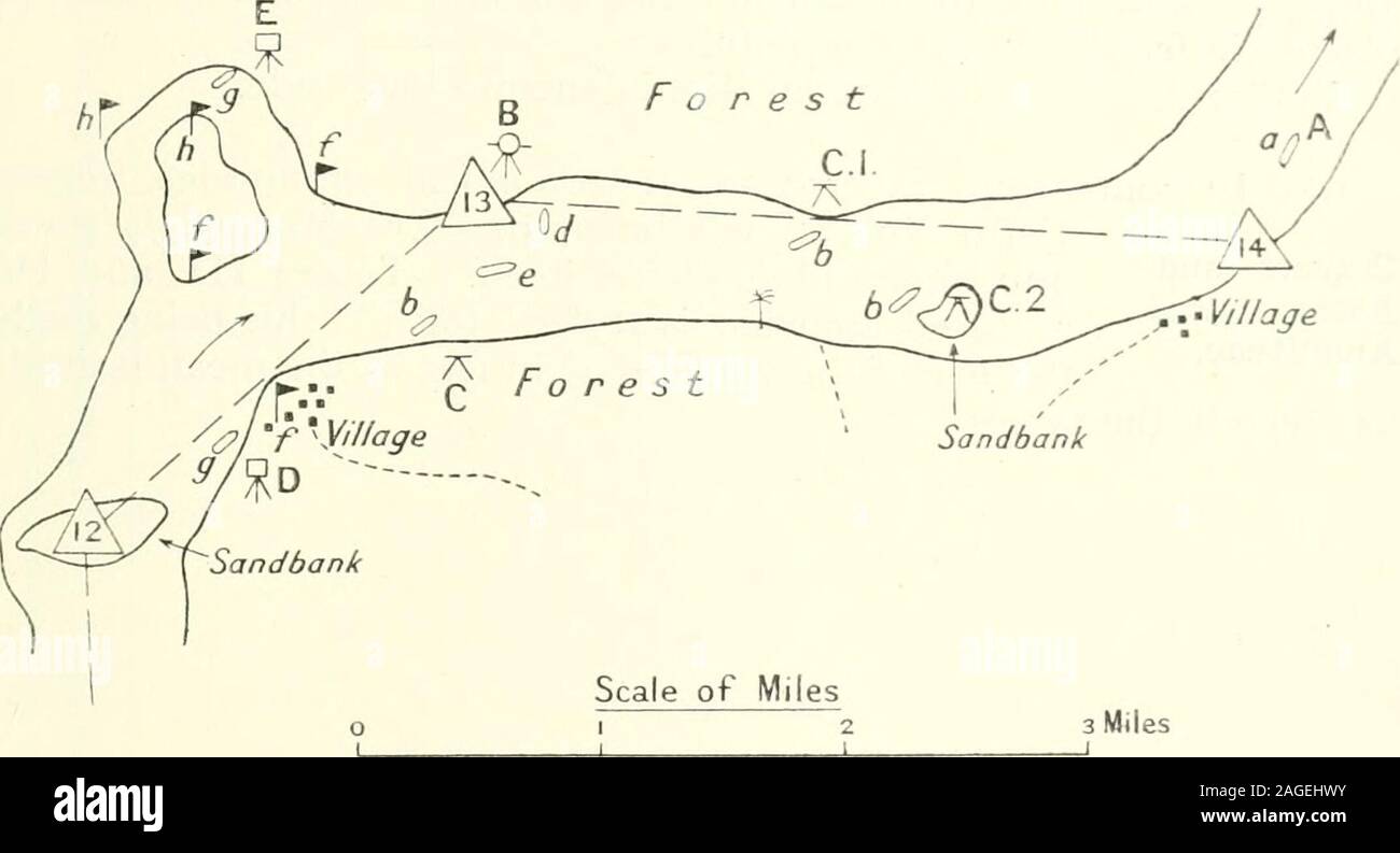 . Handbook of the Southern Nigeria Survey and text book of topographical surveying in tropical Africa. sistant and advance partytaking main bar in canoe (a) to station 15, which thexamp e 01 party has to select and clear. (B) Camp officer observing horizontal angle be-tween 13-12 and 13-14. (d) is his bf)at, (e) is the launch. (Cj, fCi), (C2) Second-class headmen taking intermediate bars topoint selected by camp officer, (b), (b), (b) are their canoes. Camp officer takes bearing and distance of these points, which are 141 187 188 then marked with banderoles (with white flags, or basket-tops pa Stock Photo