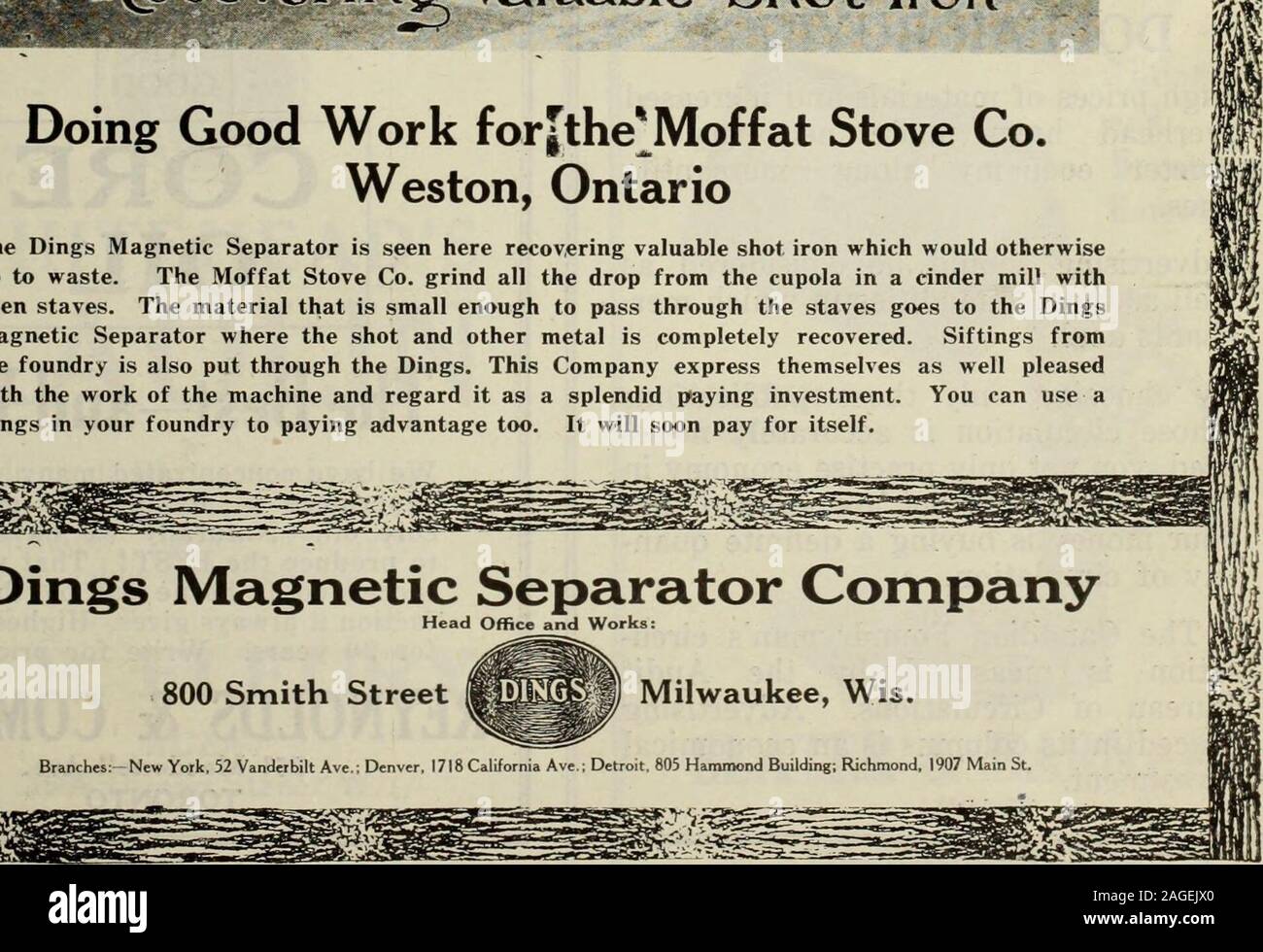 . Canadian foundryman (1921). Doing Good Work for[the*Moffat Stove Co. Weston, Ontario The Dings Magnetic Separator is seen here recovering valuable shot iron which would otherwisego to waste. The Moffat Stove Co. grind all the drop from the cupola in a cinder mill withopen staves. The material that is small enough to pass through the staves goes to the DingsMagnetic Separator where the shot and other metal is completely recovered. Siftings fromthe foundry is also put through the Dings. This Company express themselves as well pleasedwith the work of the machine and regard it as a splendid payi Stock Photo