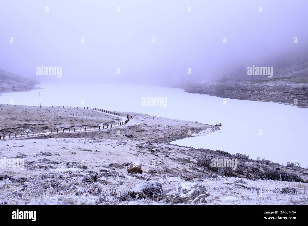 scenic frosty landscape of sela lake in winter at sela pass near tawang hill station in arunachal pradesh, india Stock Photo