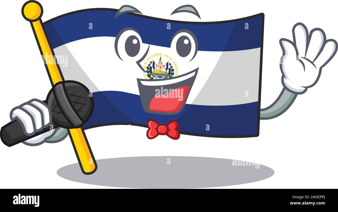 Cute cartoon Singing flag el salvador Scroll with a microphone Stock Vector