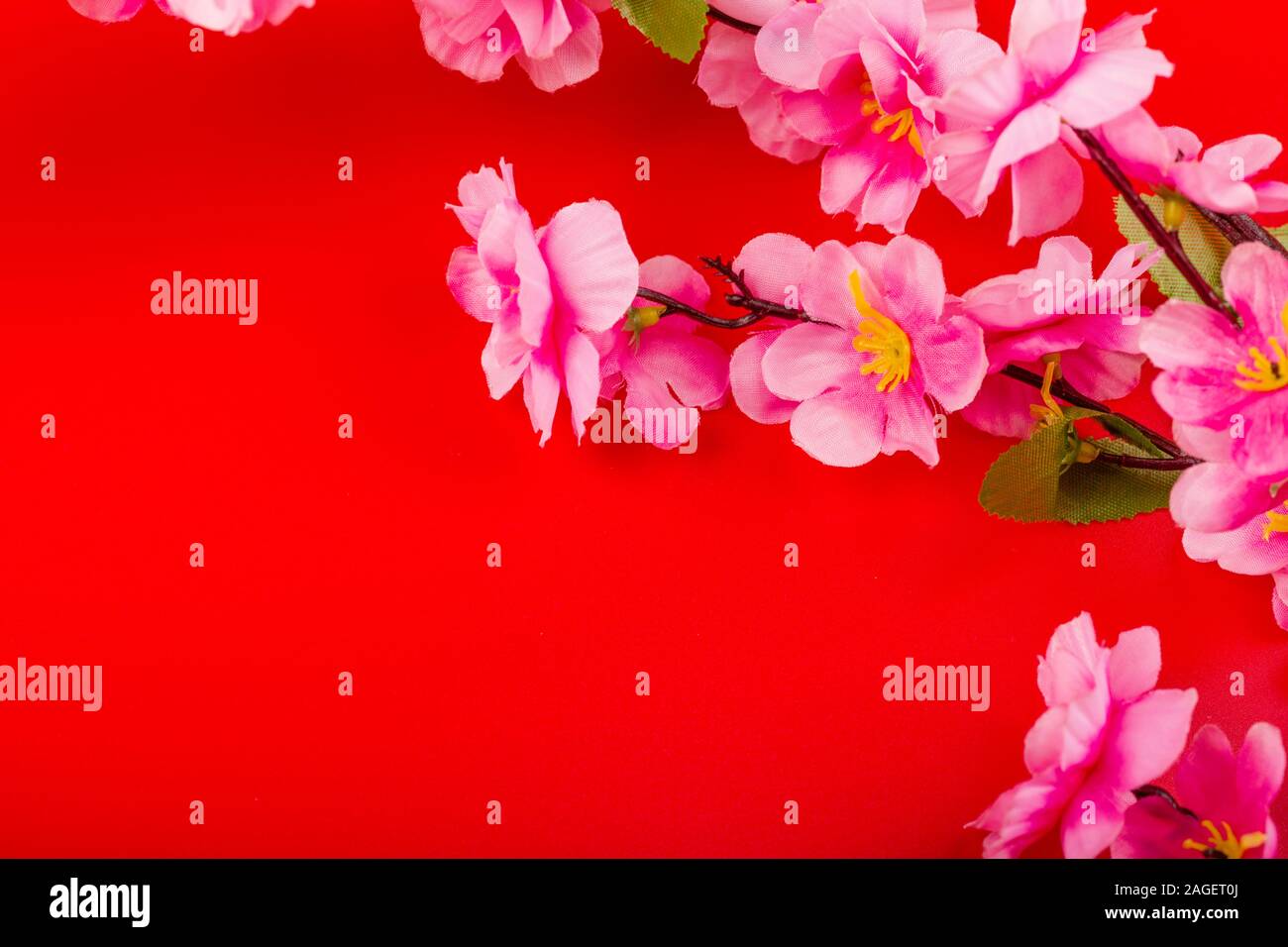 Flat lay of accessories Chinese new year 2020 and decorations Lunar new year festival concept background. Overhead, top view. Copy space, template moc Stock Photo