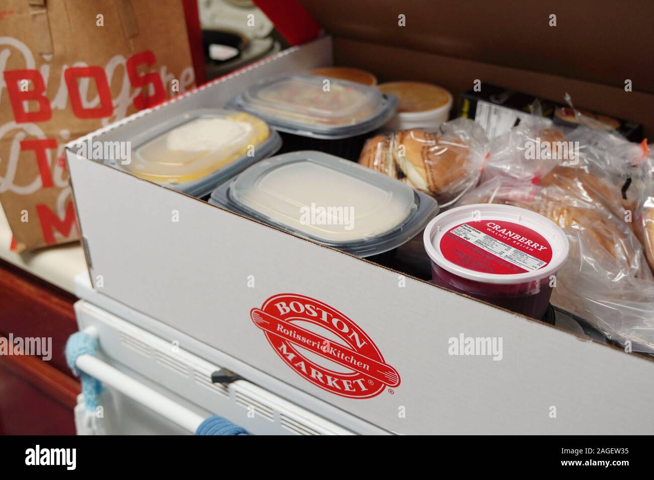 Middletown, CT / USA - November 27, 2019: Holiday catering meal kit made by Boston Market ready to be heated then served Stock Photo