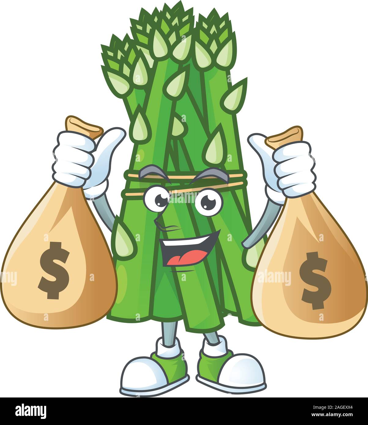 Happy asparagus cartoon character with two money bags Stock Vector