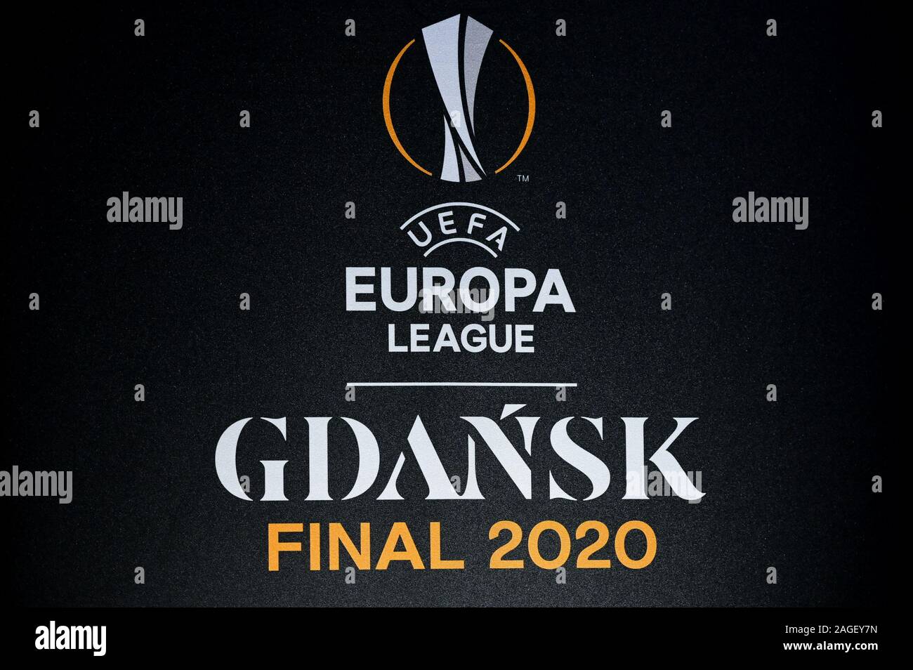 Gdansk, Poland. 18th Dec, 2019. UEFA Europa League Final 2020 Gdansk logo.The 2020 UEFA Europa League Final will be the final match of the 2019-20 UEFA Europa League, the 49th season of Europe's secondary club football tournament organised by UEFA, and the 11th season since it was renamed from the UEFA Cup to the UEFA Europa League. It will be played at the Stadion Energa Gdansk in Gdansk, Poland on 27 May 2020. Credit: SOPA Images Limited/Alamy Live News Stock Photo