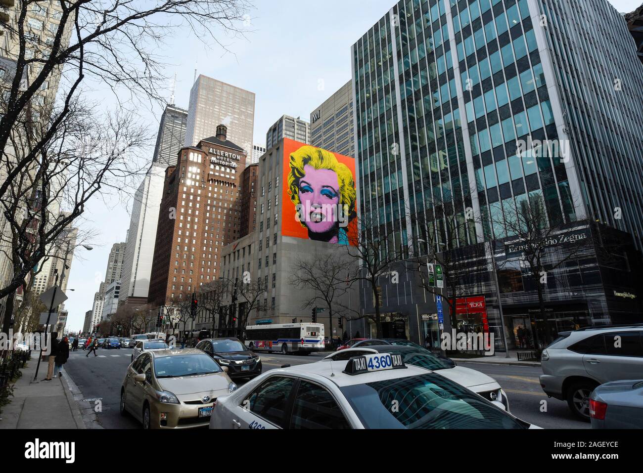 Chicago, USA.  18 December 2019.  An artwork by Chicago artist Jeff Zimmerman, adorns the side of a building on Michigan Avenue.  The work references a Marilyn Monroe silkscreen by Andy Warhol.  The Art Institute of Chicago is currently hosting a Warhol retrospective. Credit: Stephen Chung / Alamy Live News Stock Photo
