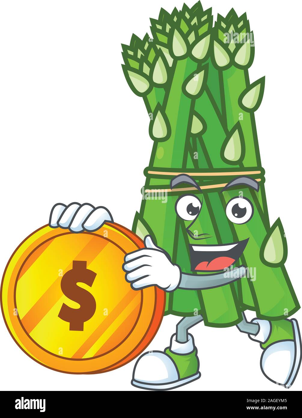 Happy Face Asparagus Cartoon Character With Gold Coin Stock Vector Image Art Alamy