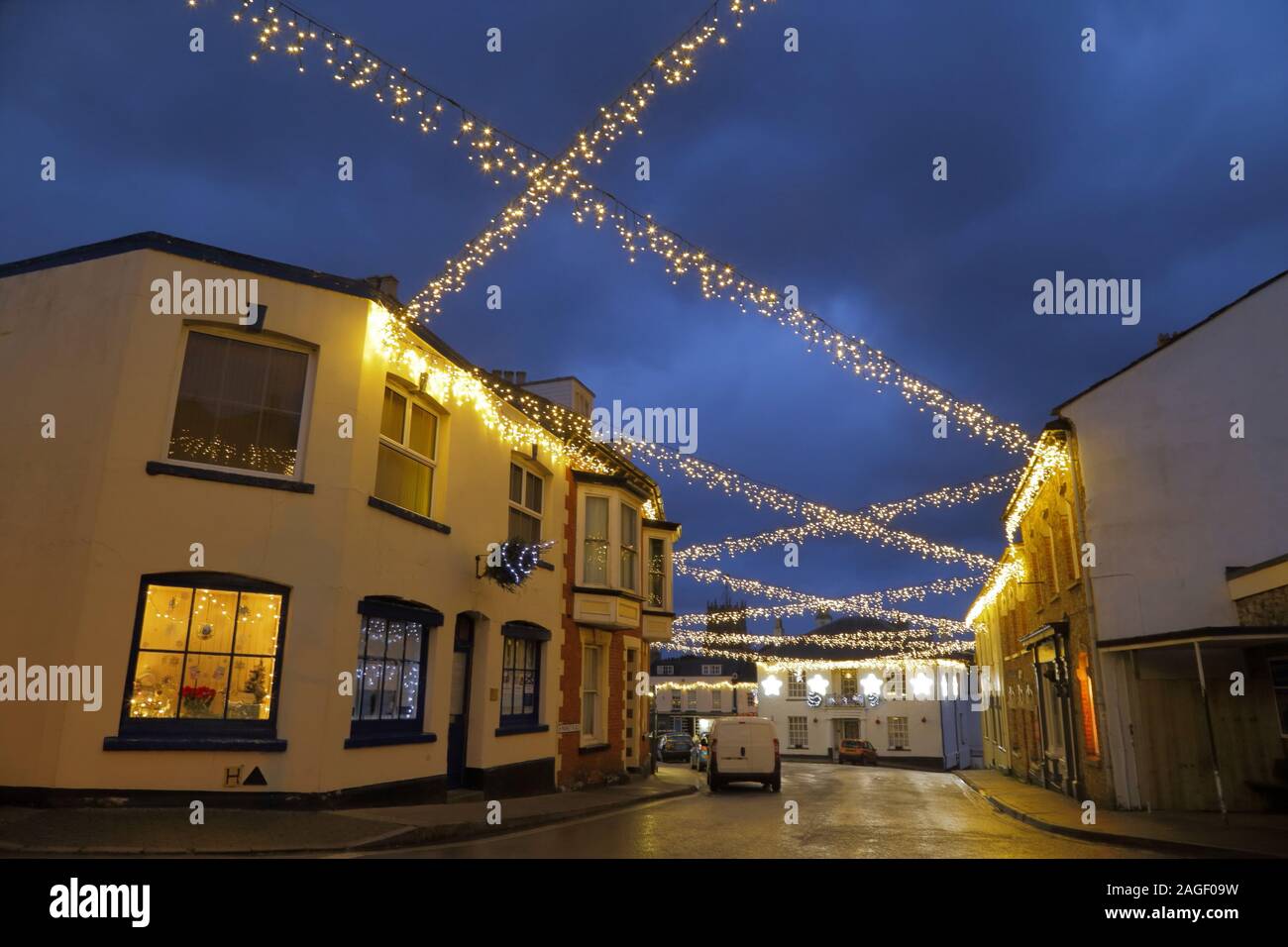 Christmas light in town of Colyton, Devon Stock Photo