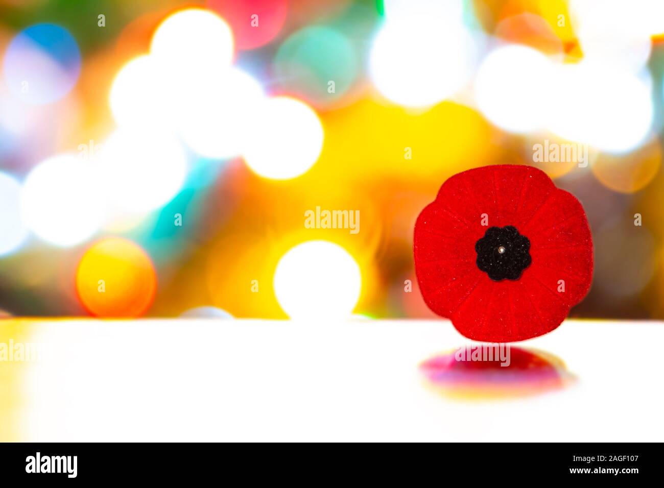 Remembrance Day Poppy Flower with Christmas Lights on a table Stock Photo