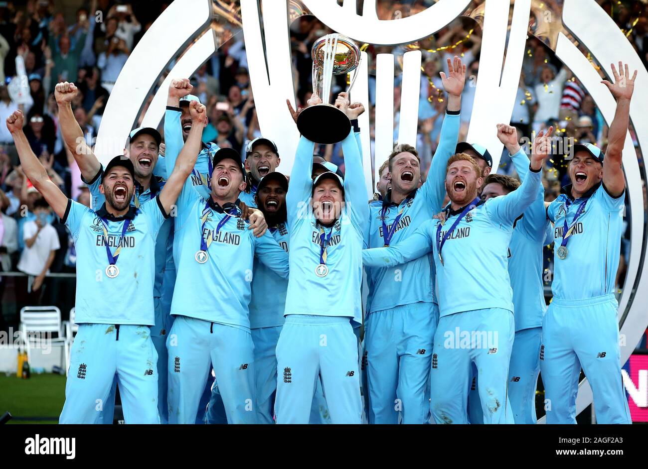 File photo dated 14-07-2019 of England celebrate winning the ICC World Cup during the ICC World Cup Final at Lord's, London. Stock Photo