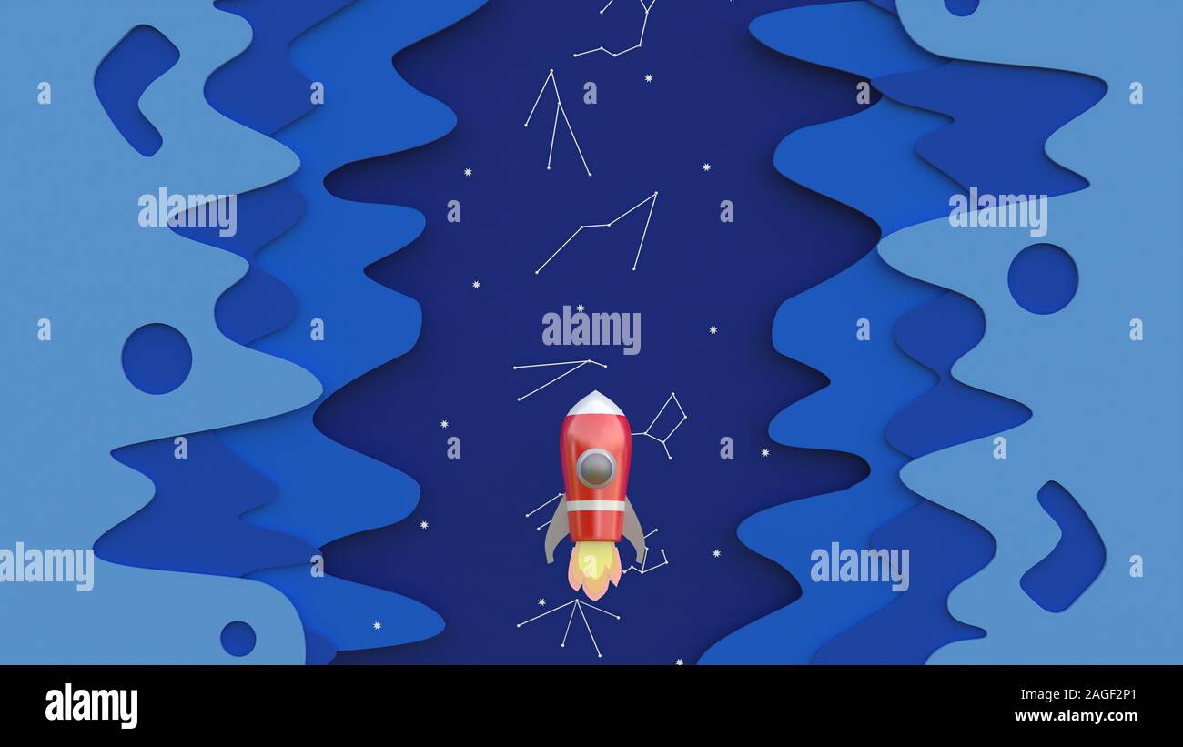 3d rendering, 3d illustrator, Cartoon red spaceship Rising into the sky through the night sky Stock Photo