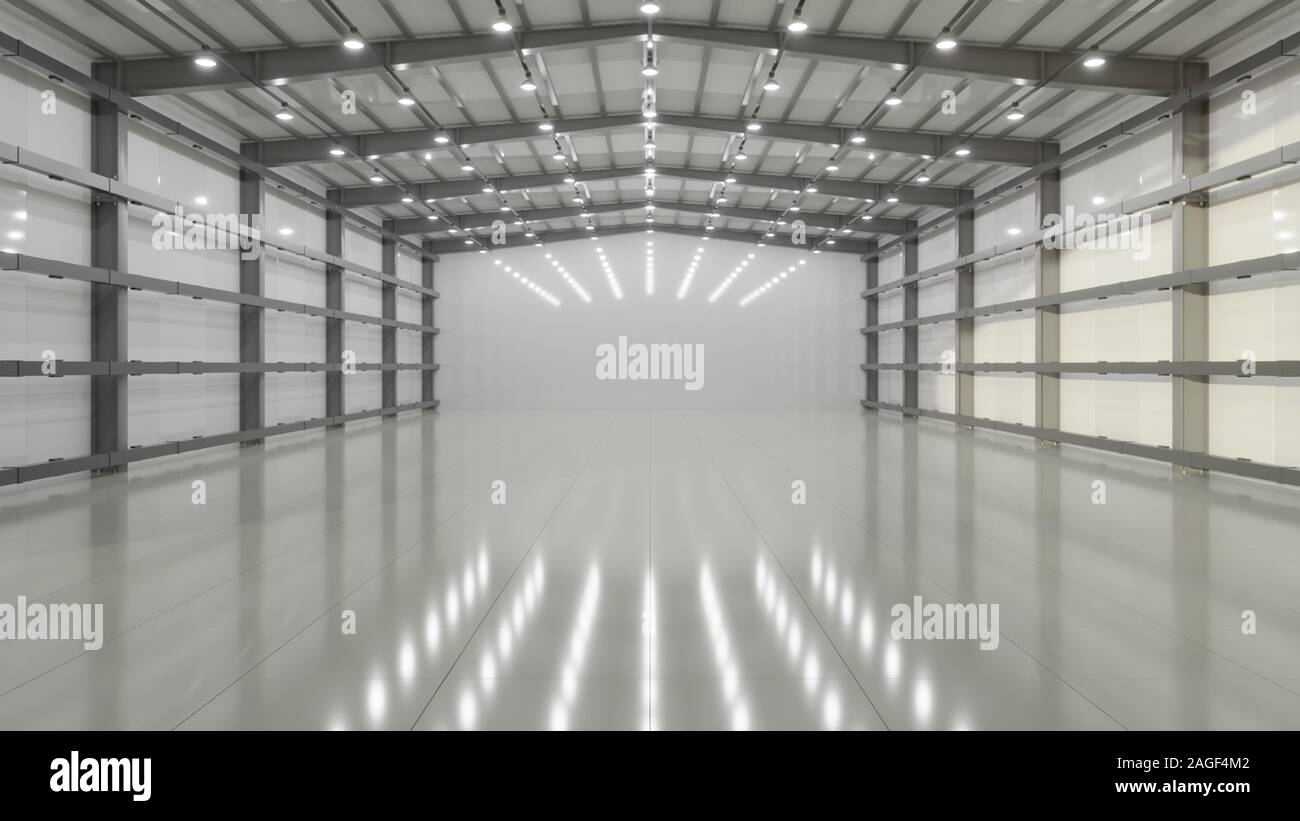 Empty new modern large warehouse. 3D illustration. Metal frame, walls,  lamps and ventilation system Stock Photo - Alamy