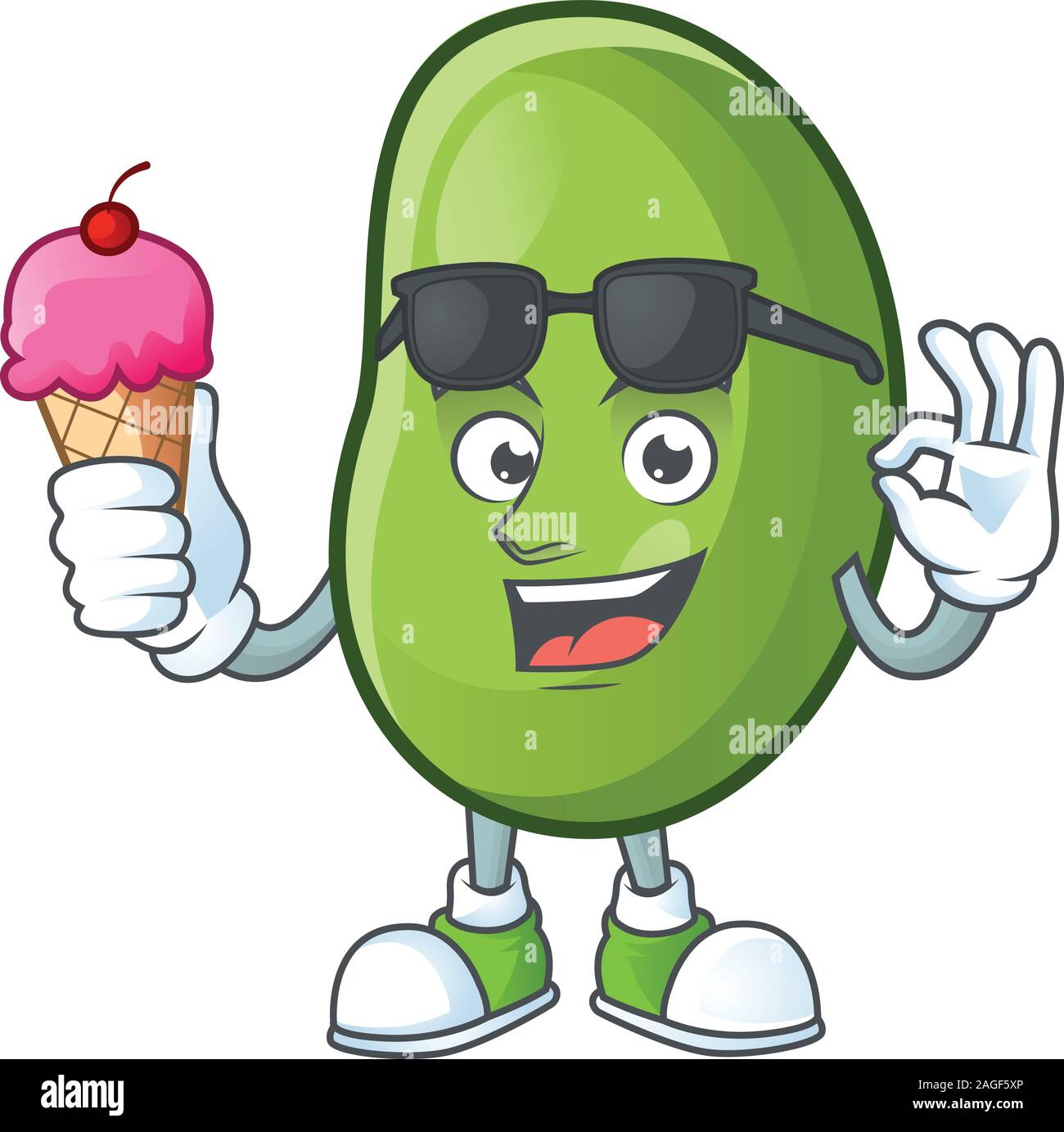 Cute green beans cartoon character with ice cream Stock Vector