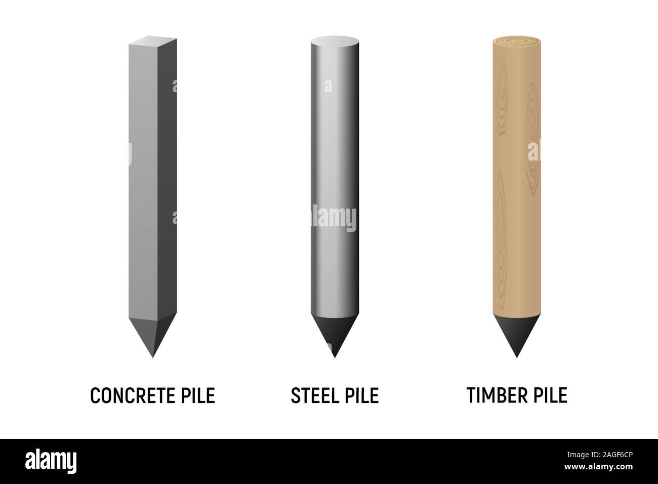 Concrete, steel and timber piles. Construction industry. Vector illustration. Stock Vector