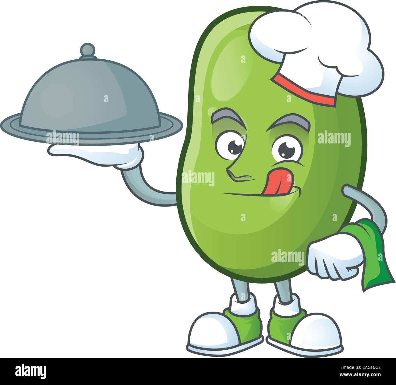Cute green beans as a Chef with hat and tray cartoon style design Stock