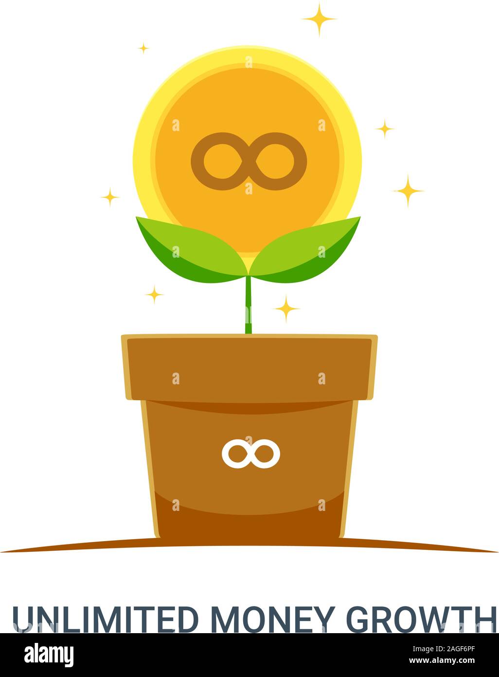 Golden Coin plant inside Pot with Unlimited symbol. Isolated Vector Illustration Stock Vector