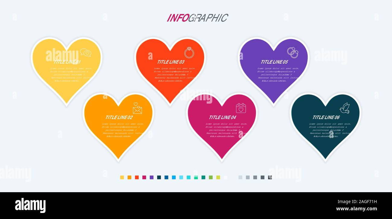 Colorful diagram, infographic template. Timeline with 6 hearts. Modular workflow process for love holidays. Vector design. Warm palette. Stock Vector